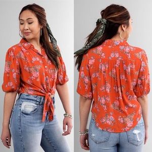 Free People Celia Floral Front Tie Blouse